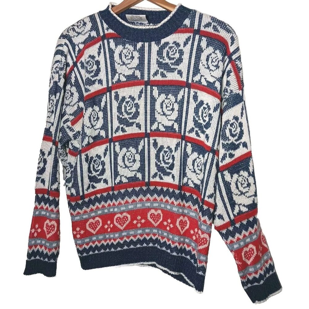 Rose Sweater Womens Pullover Blue Red Floral Hot Cashews Vintage Retro